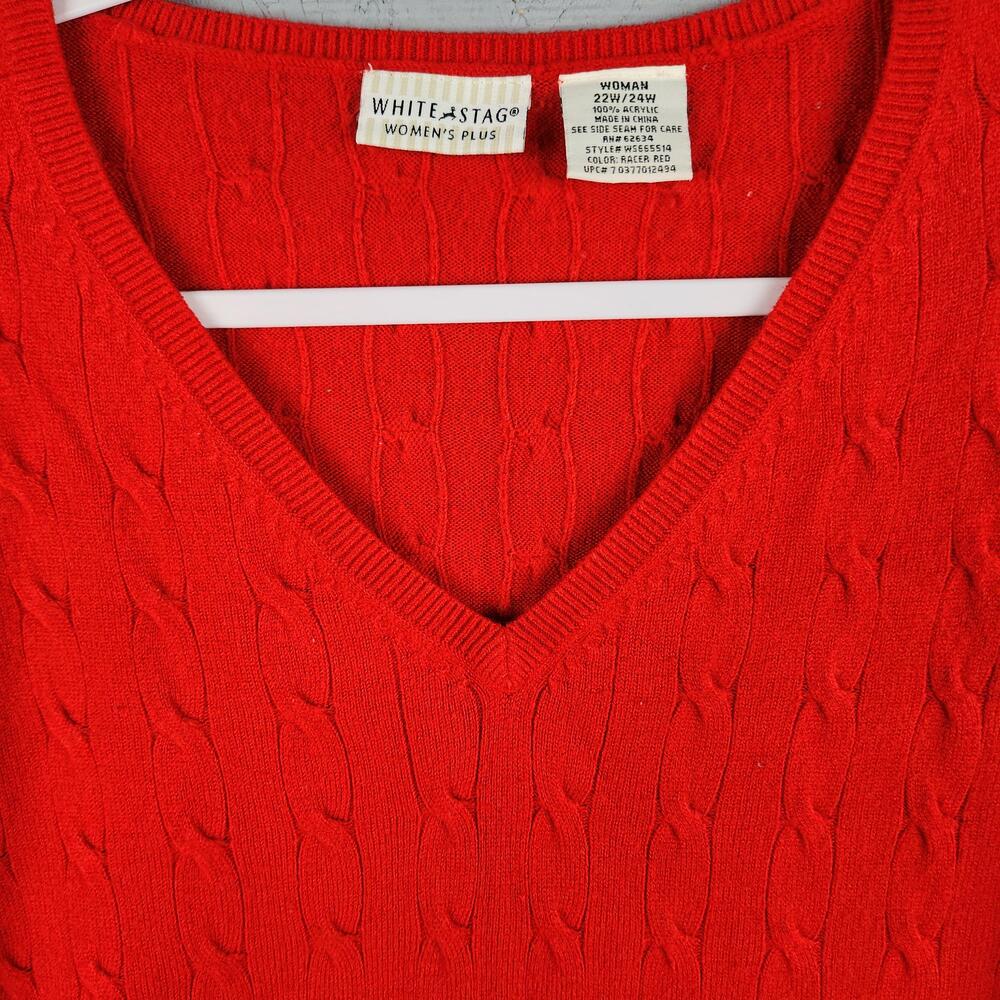 Vintage White Stag Sweater Womens 22W 24W Red V Neck Cable Knit Pullover Plus